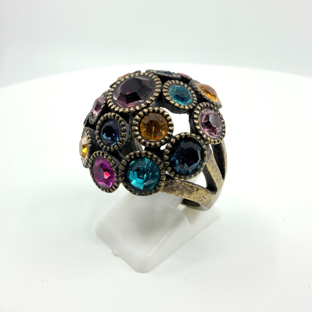 Vintage Bronze Multicolor Rhinestone Dome Cocktail Statement Ring